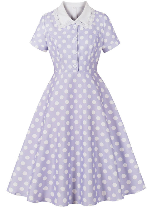 1950s Polka Dot Lace-Trimmed Collar Swing Dress