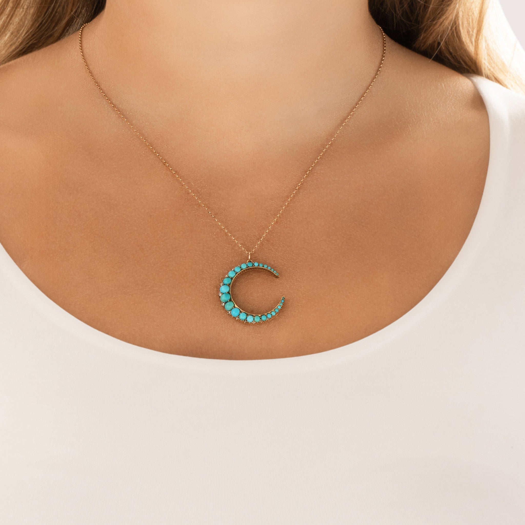 Antique-Style Victorian Large Gold Tone Simulated Turquoise Rose Cut Simulated Diamond Moon Pendant