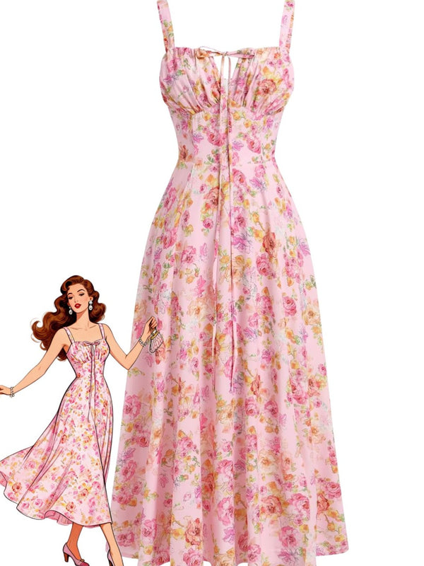 1940s Floral Spaghetti Strap Tie-Front Chiffon A-Line Dress