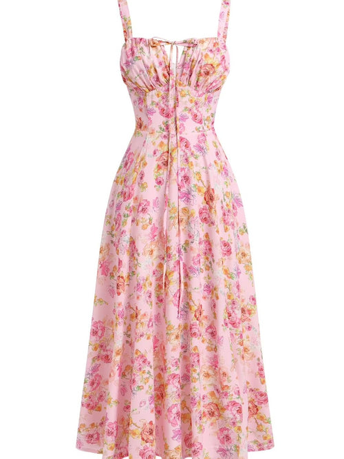 1940s Floral Spaghetti Strap Tie-Front Chiffon A-Line Dress