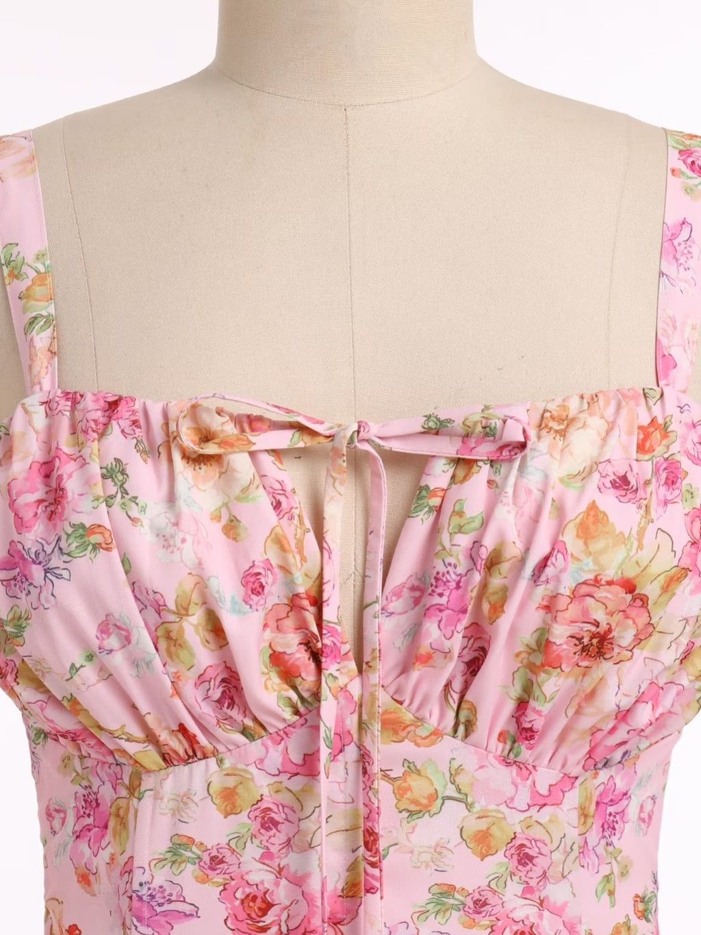 1940s Floral Spaghetti Strap Tie-Front Chiffon A-Line Dress