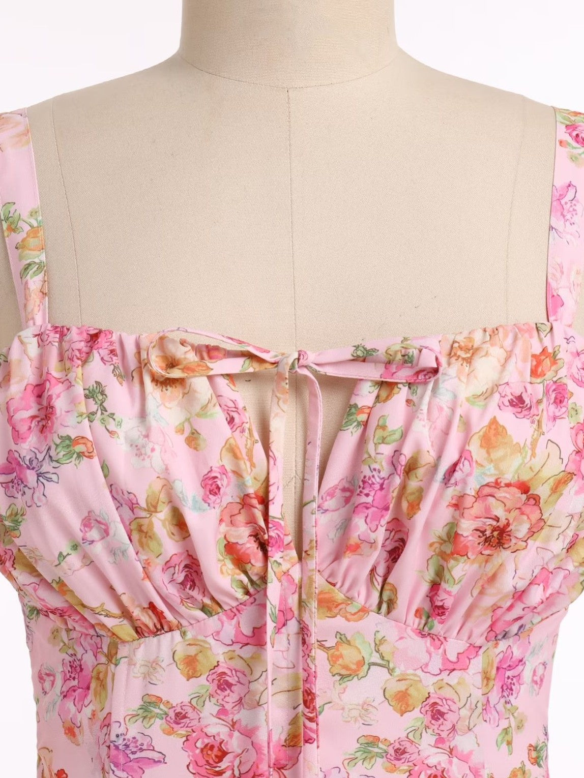 1940s Floral Spaghetti Strap Tie-Front Chiffon A-Line Dress