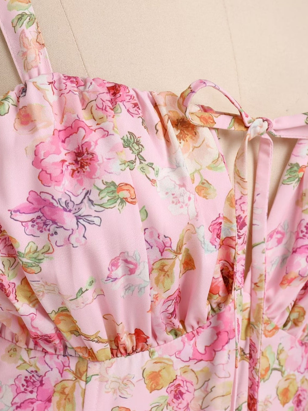 1940s Floral Spaghetti Strap Tie-Front Chiffon A-Line Dress