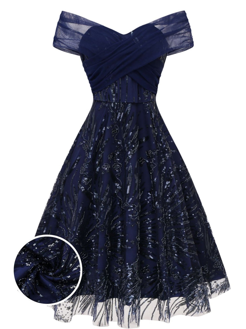 Blue 1950s Off-Shoulder Embroidered Sequin Floral Dress