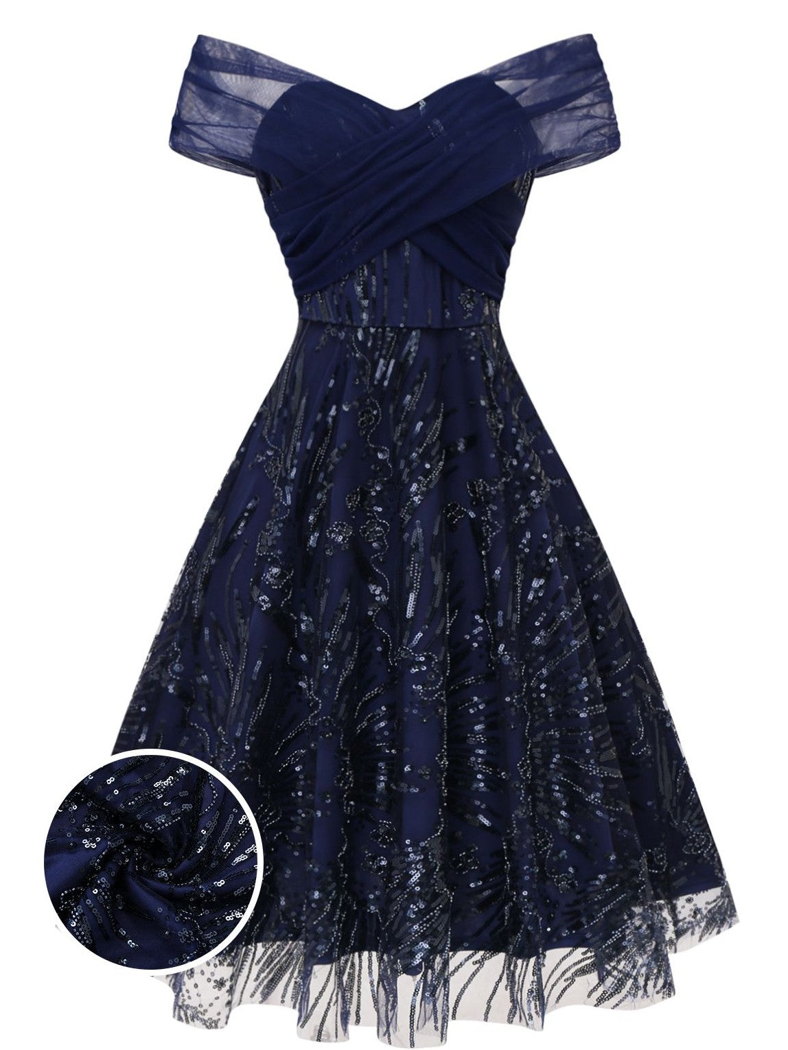 Blue 1950s Off-Shoulder Embroidered Sequin Floral Dress