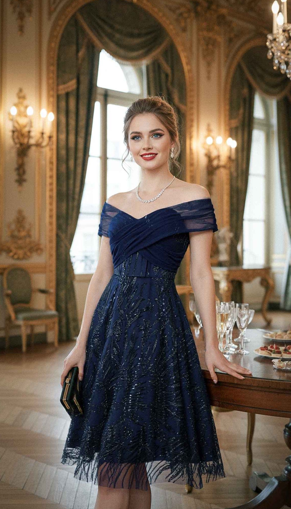Blue 1950s Off-Shoulder Embroidered Sequin Floral Dress