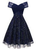 Blue 1950s Off-Shoulder Embroidered Sequin Floral Dress