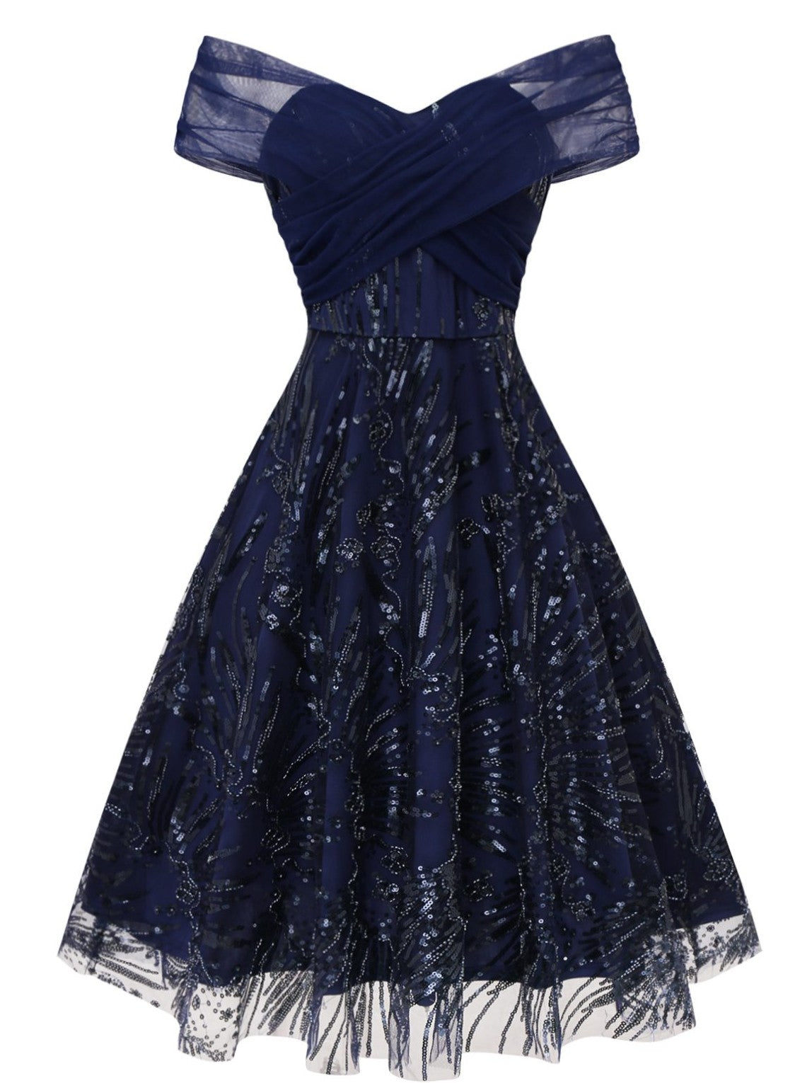 Blue 1950s Off-Shoulder Embroidered Sequin Floral Dress