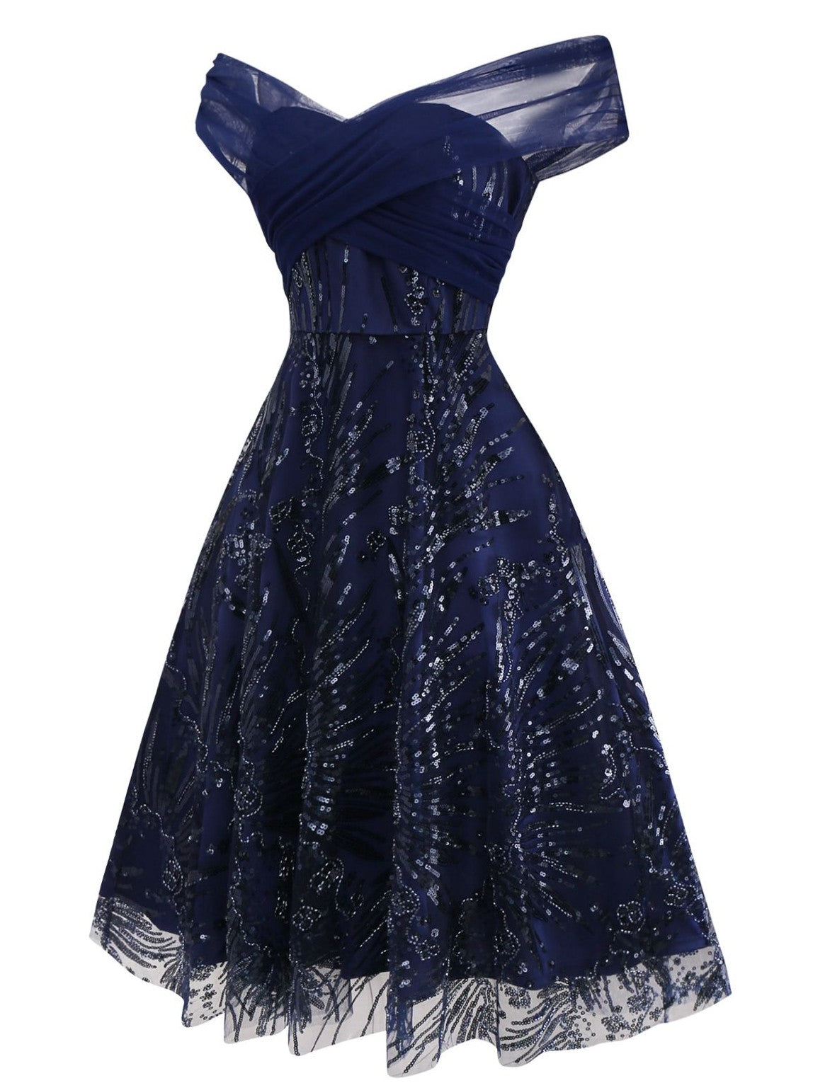 Blue 1950s Off-Shoulder Embroidered Sequin Floral Dress