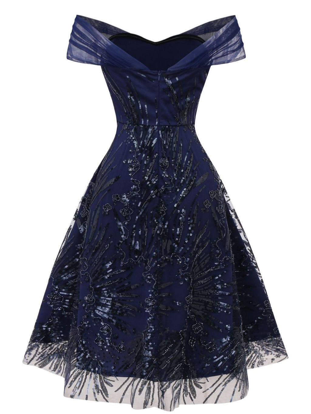 Blue 1950s Off-Shoulder Embroidered Sequin Floral Dress