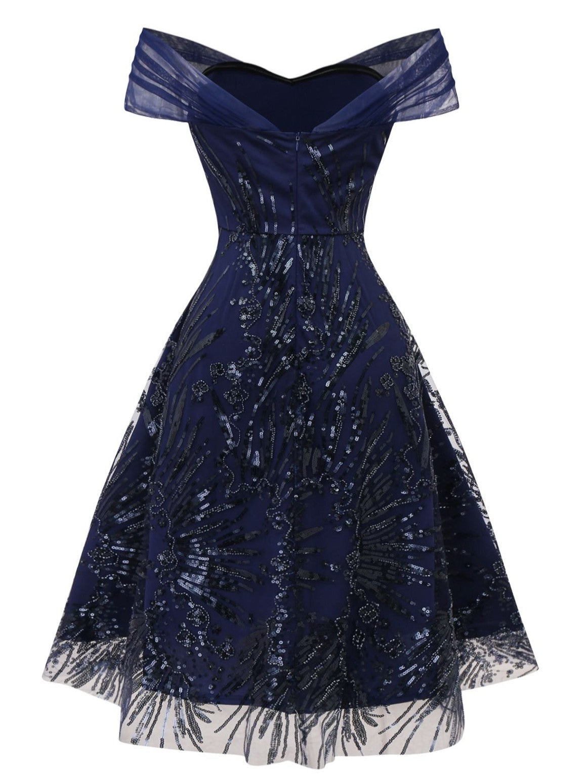 Blue 1950s Off-Shoulder Embroidered Sequin Floral Dress