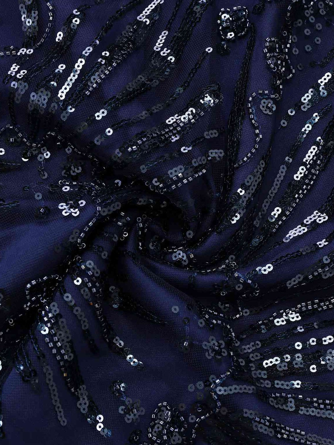 Blue 1950s Off-Shoulder Embroidered Sequin Floral Dress