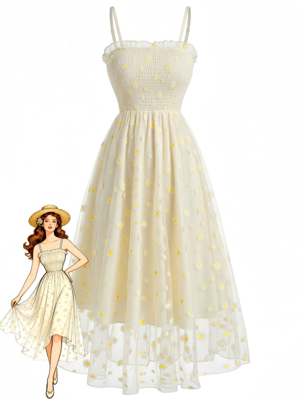 Light Yellow 1950s Daisy Embroidered Smocked Tulle Midi Dress