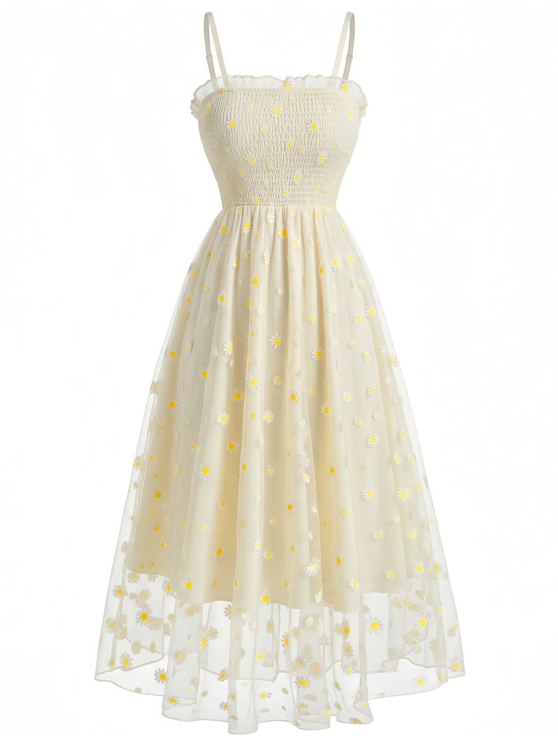 Light Yellow 1950s Daisy Embroidered Smocked Tulle Midi Dress
