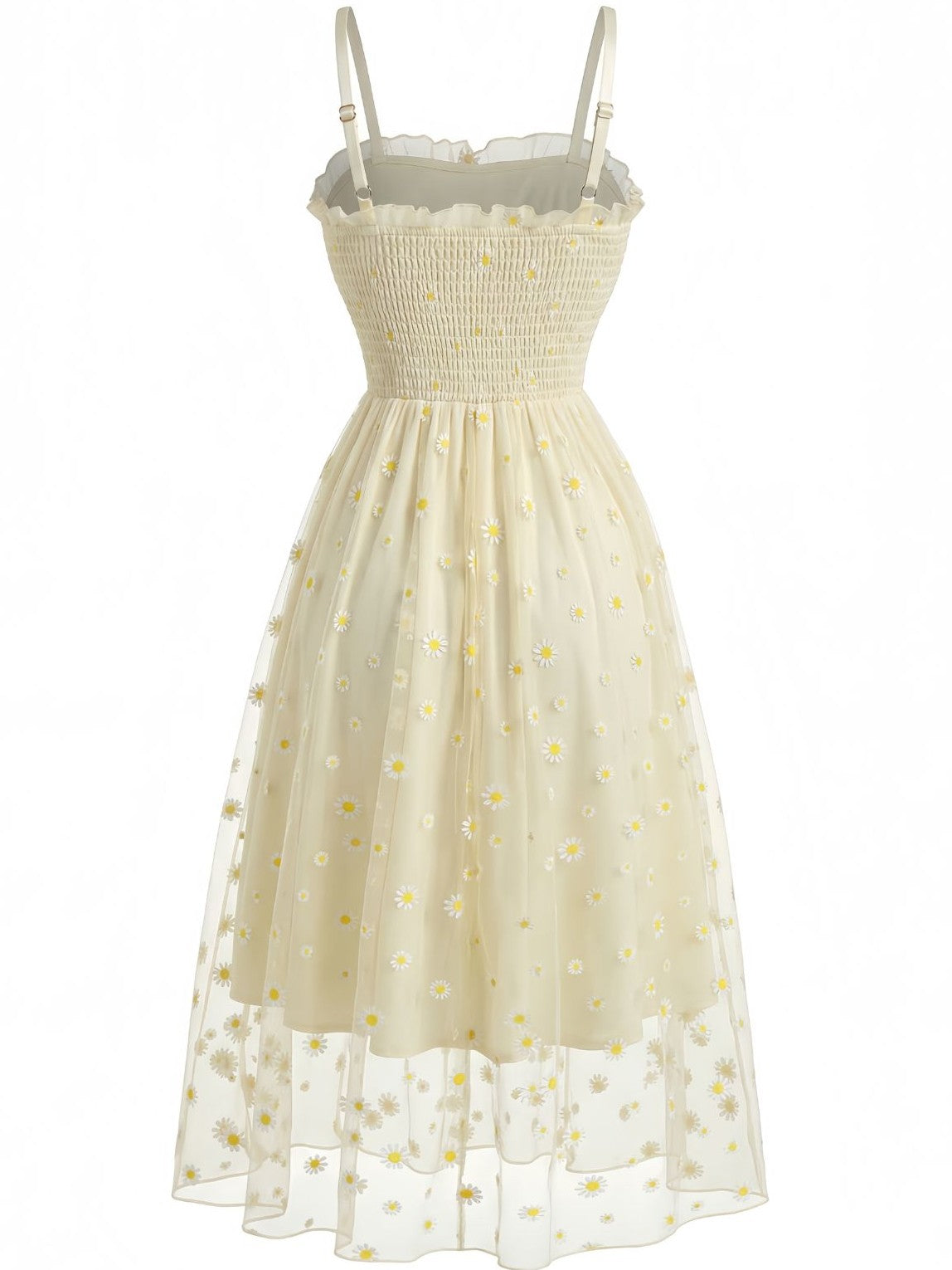 Light Yellow 1950s Daisy Embroidered Smocked Tulle Midi Dress