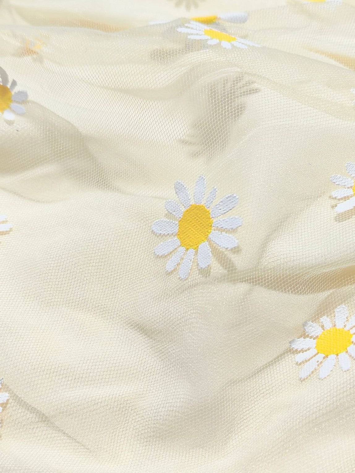Light Yellow 1950s Daisy Embroidered Smocked Tulle Midi Dress