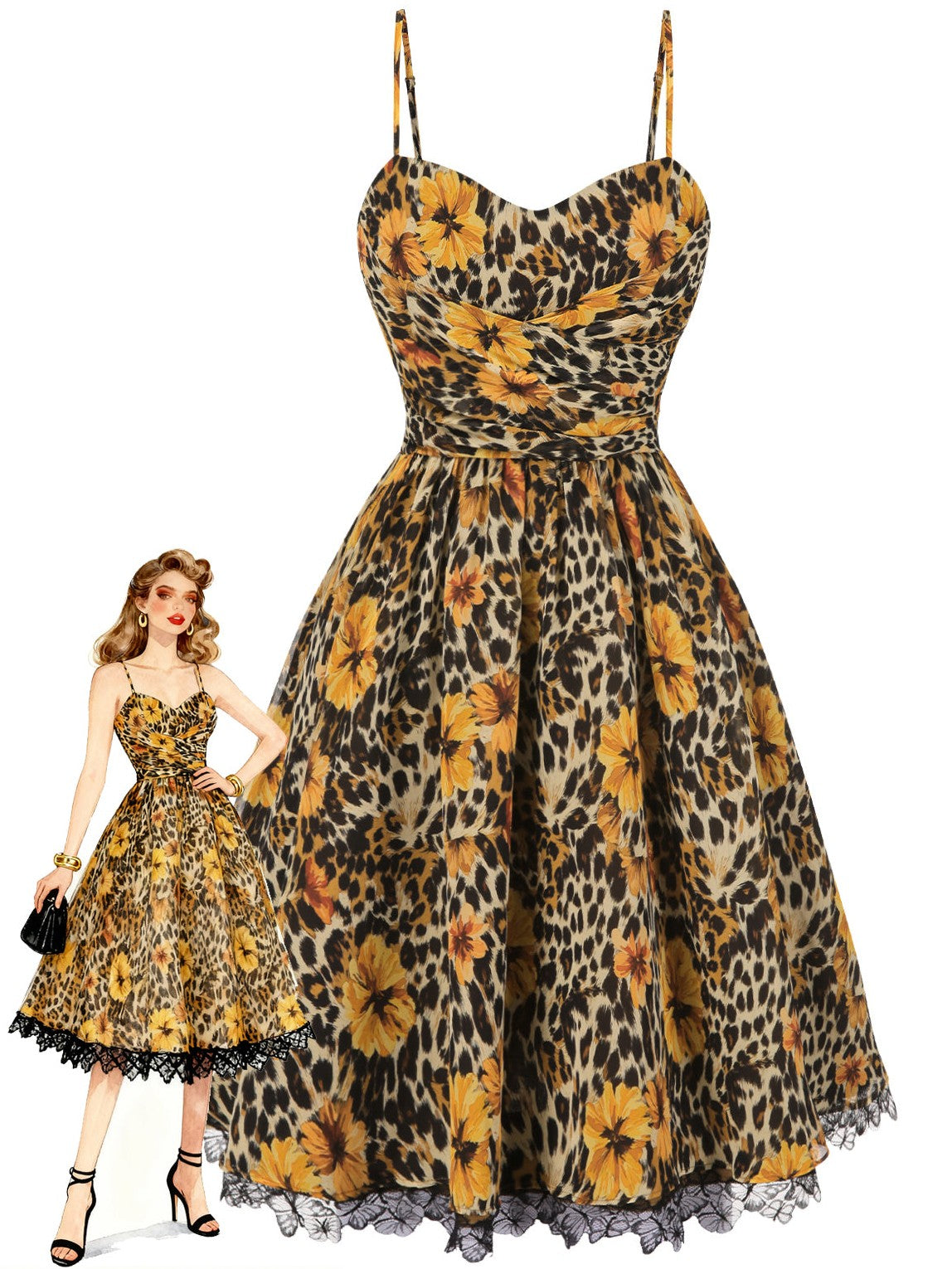 1950s Slip Leopard Sunflower Butterflies Lace Dress