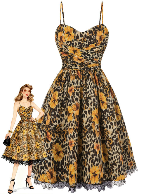 1950s Slip Leopard Sunflower Butterflies Lace Dress