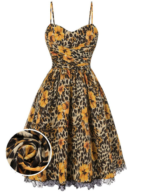 1950s-Style Slip Leopard Sunflower Butterflies Lace Dress — Reproduction