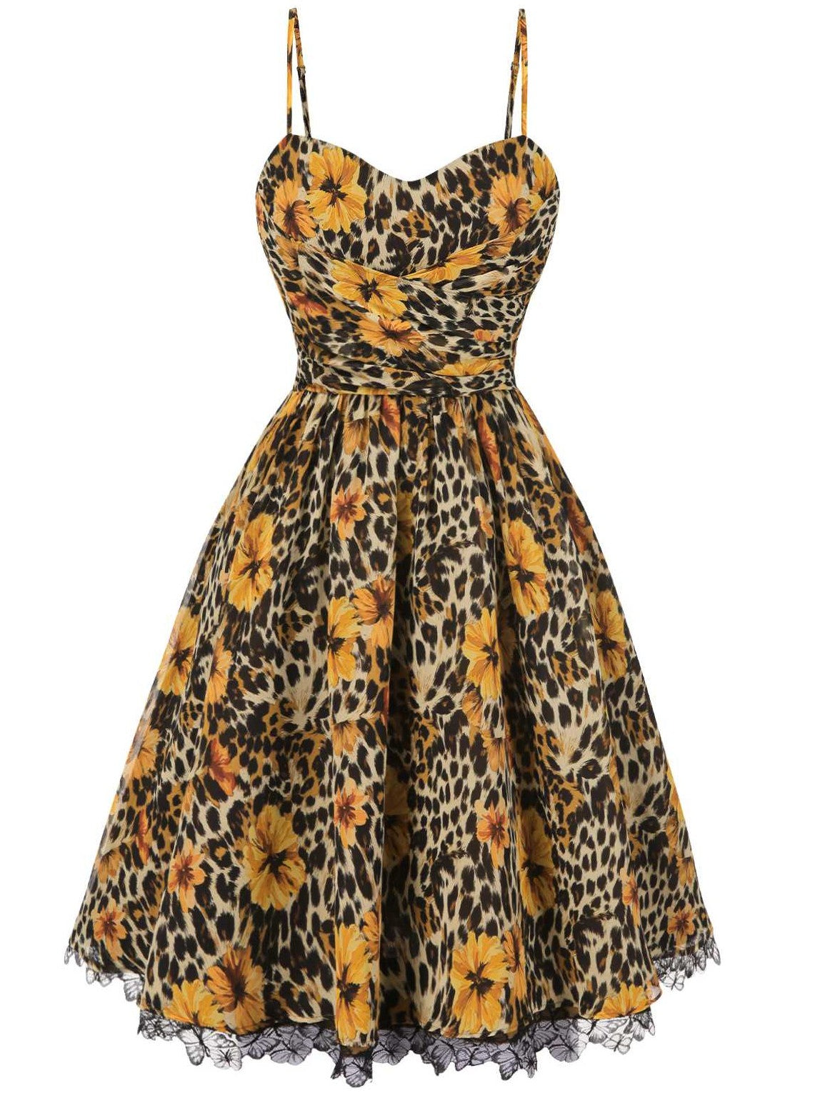 1950s Slip Leopard Sunflower Butterflies Lace Dress