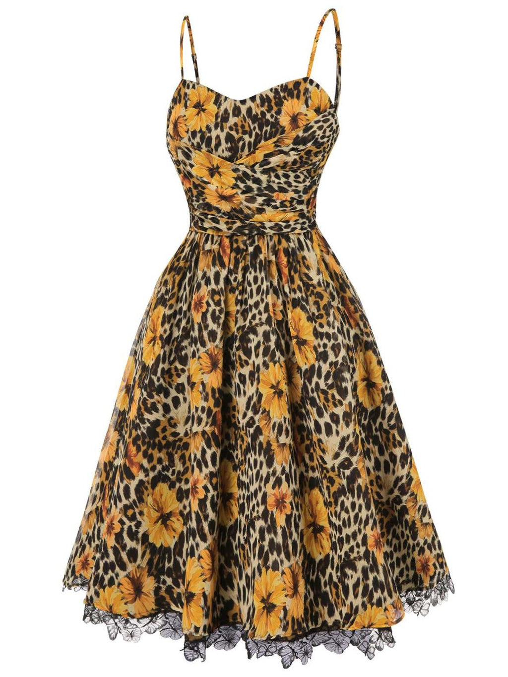 1950s Slip Leopard Sunflower Butterflies Lace Dress