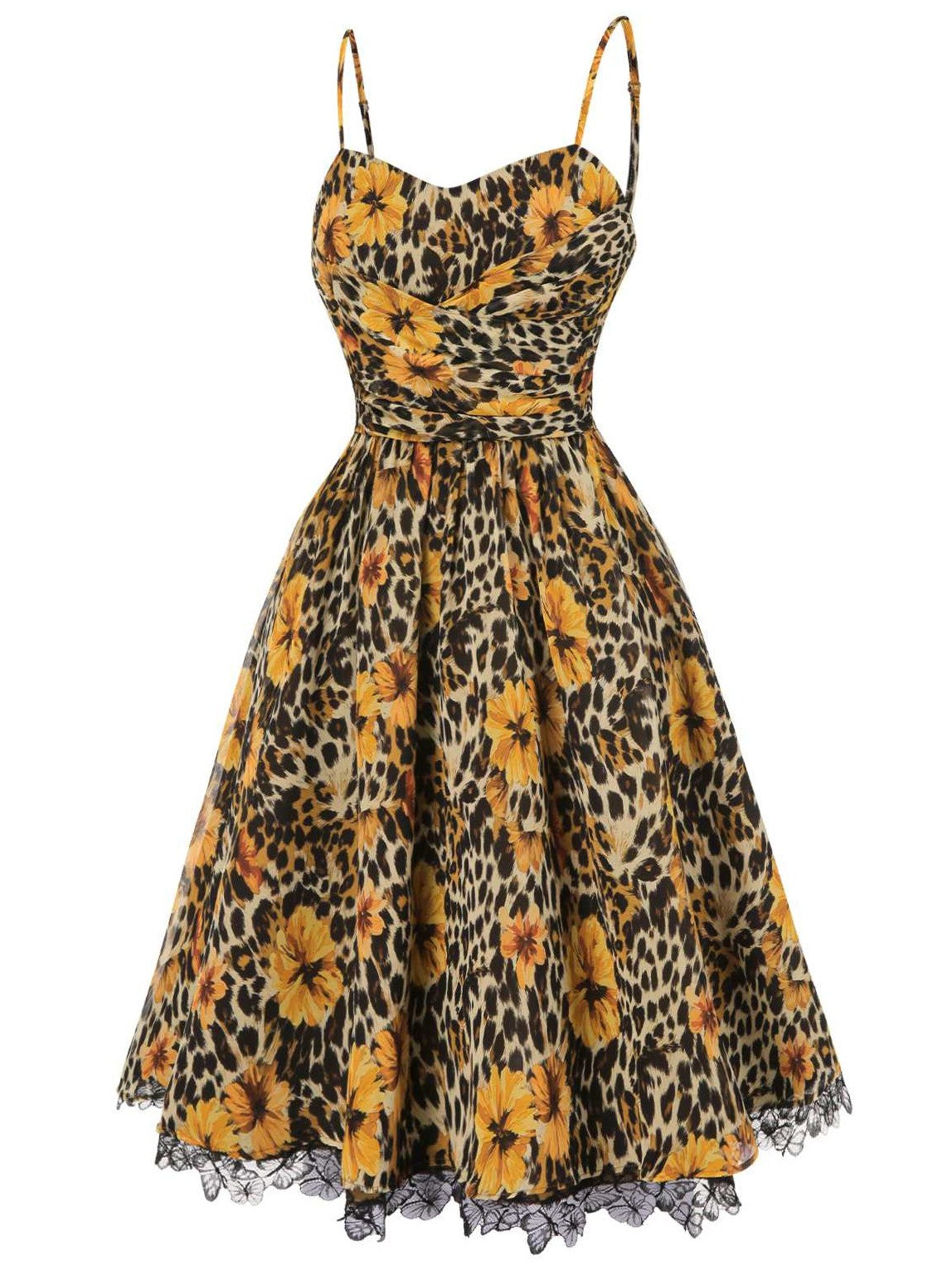 1950s Slip Leopard Sunflower Butterflies Lace Dress