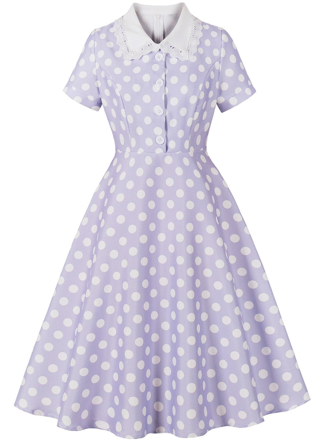 1950s Polka Dot Lace-Trimmed Collar Swing Dress