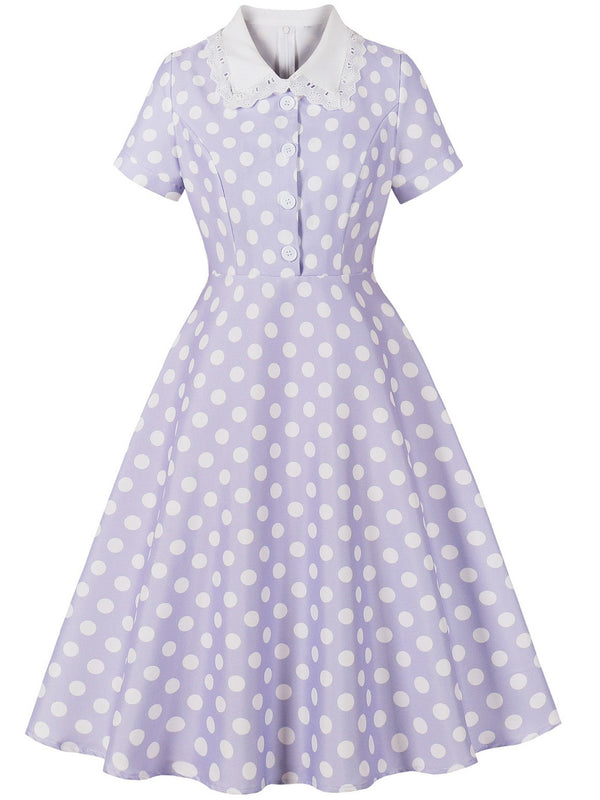 1950s Polka Dot Lace-Trimmed Collar Swing Dress