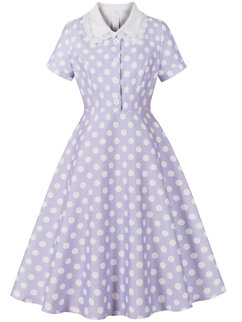 1950s Polka Dot Lace-Trimmed Collar Swing Dress