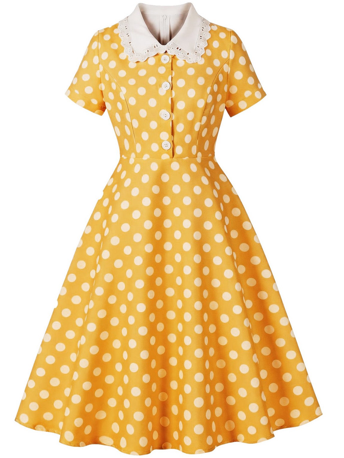 1950s Polka Dot Lace-Trimmed Collar Swing Dress