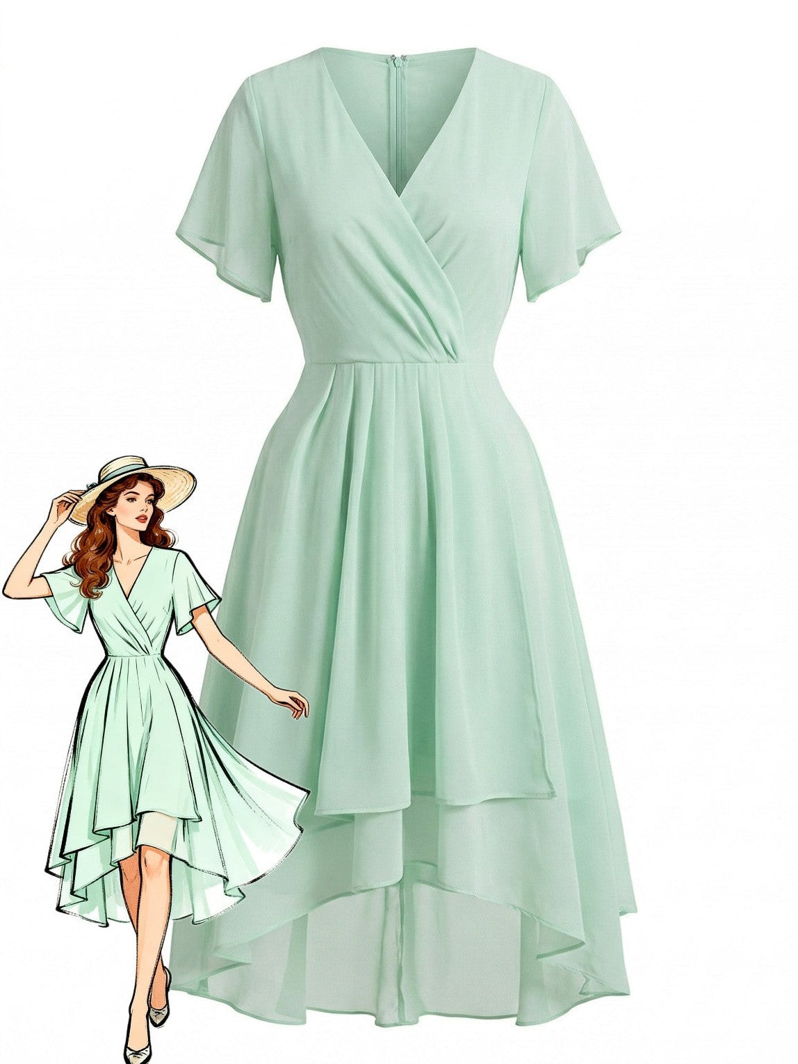 1950s Solid V-Neck Ruffle Sleeve Chiffon Asymmetrical Dress