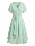 1950s Solid V-Neck Ruffle Sleeve Chiffon Asymmetrical Dress