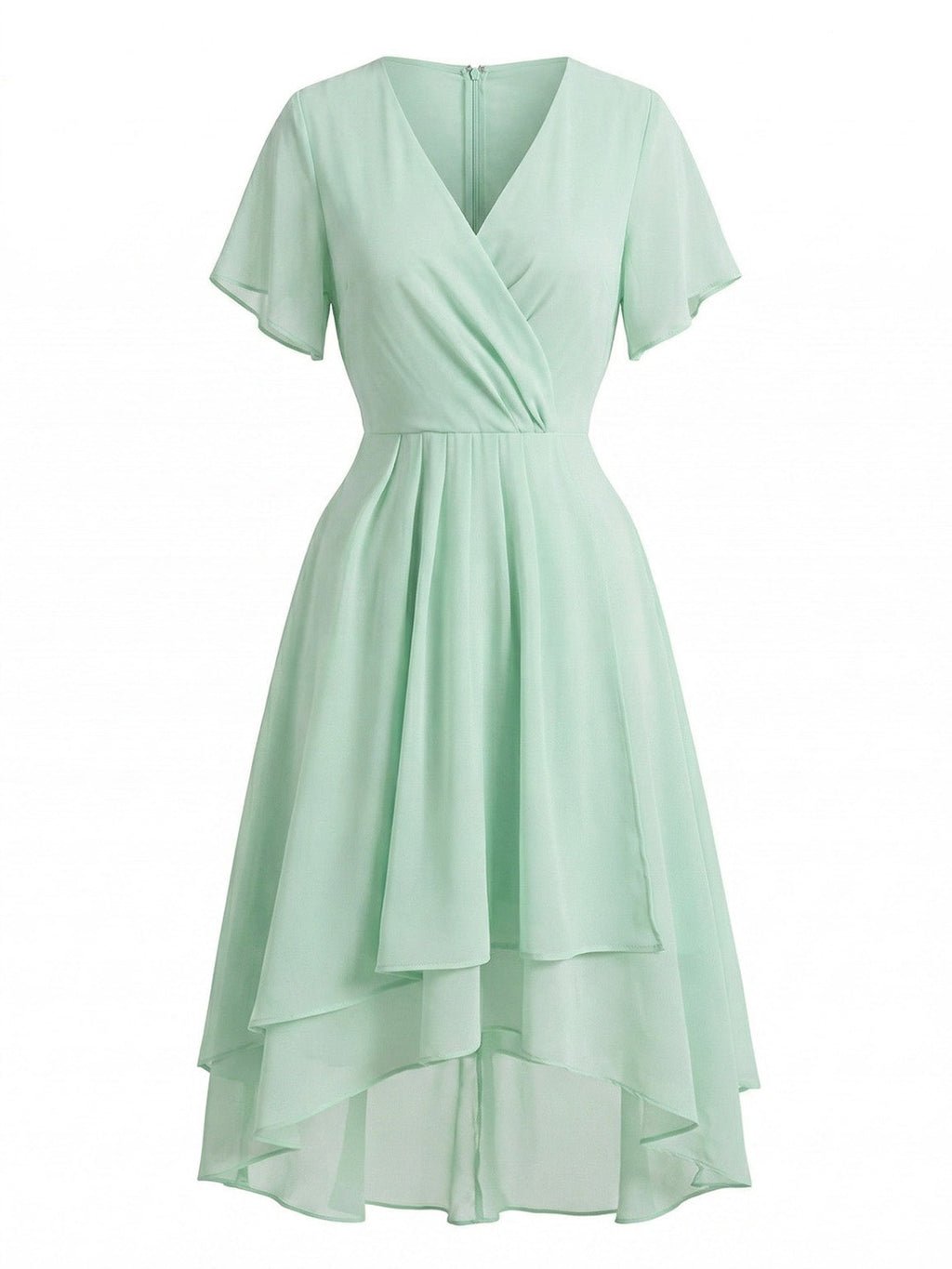 Dark Green 1950s Solid V-Neck Ruffle Sleeve Chiffon Asymmetrical Dress
