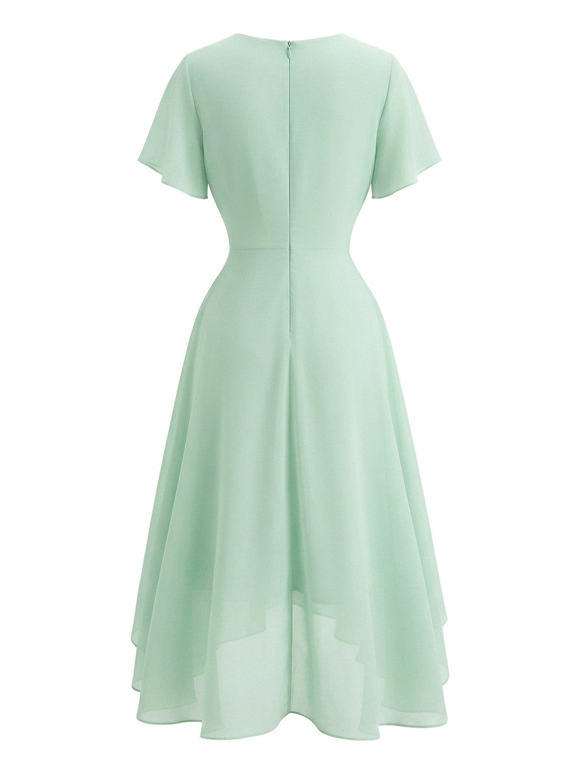 Dark Green 1950s Solid V-Neck Ruffle Sleeve Chiffon Asymmetrical Dress