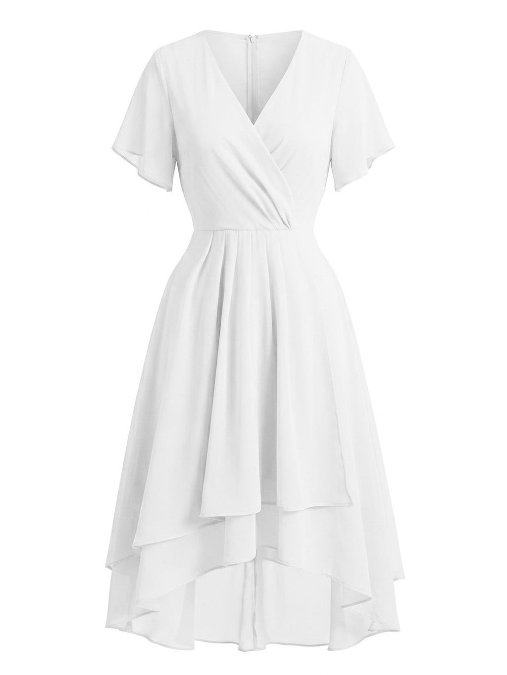 Dark Green 1950s Solid V-Neck Ruffle Sleeve Chiffon Asymmetrical Dress