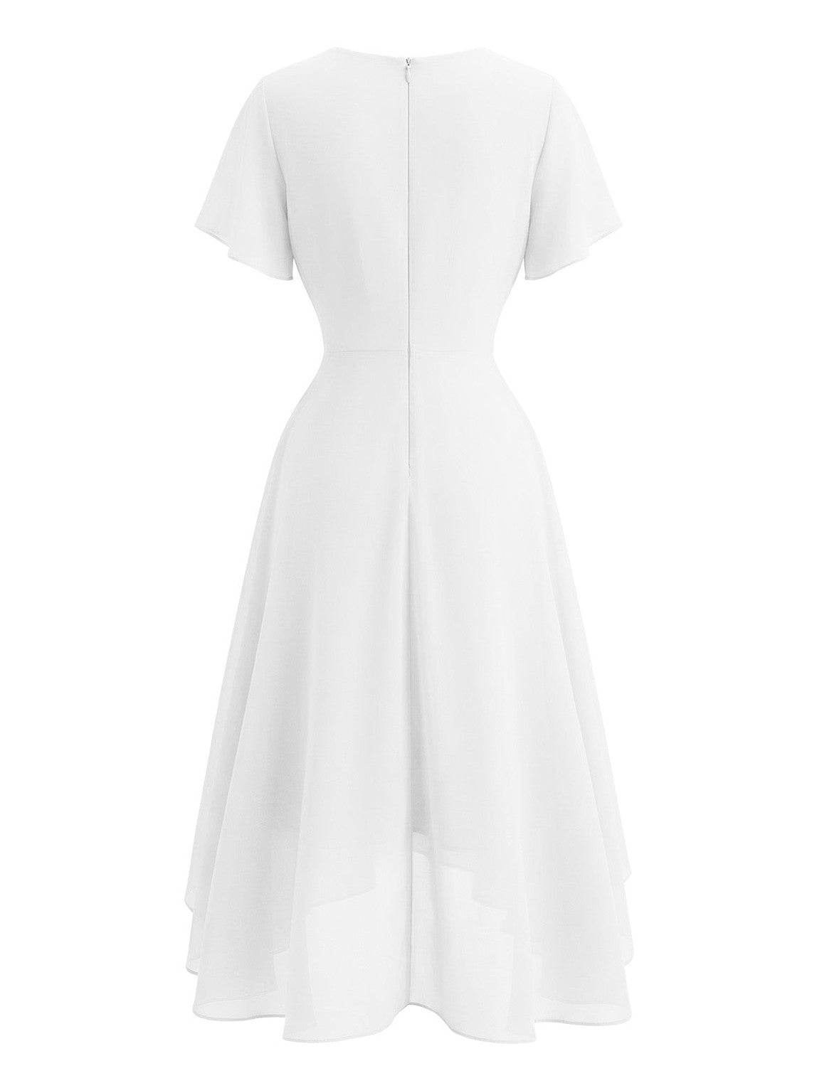 Dark Green 1950s Solid V-Neck Ruffle Sleeve Chiffon Asymmetrical Dress