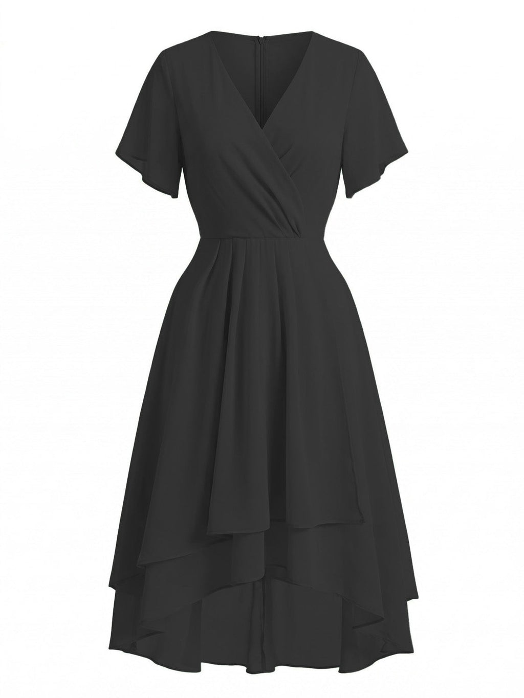 Ruffled sleeve detail on a period-cut chiffon dress