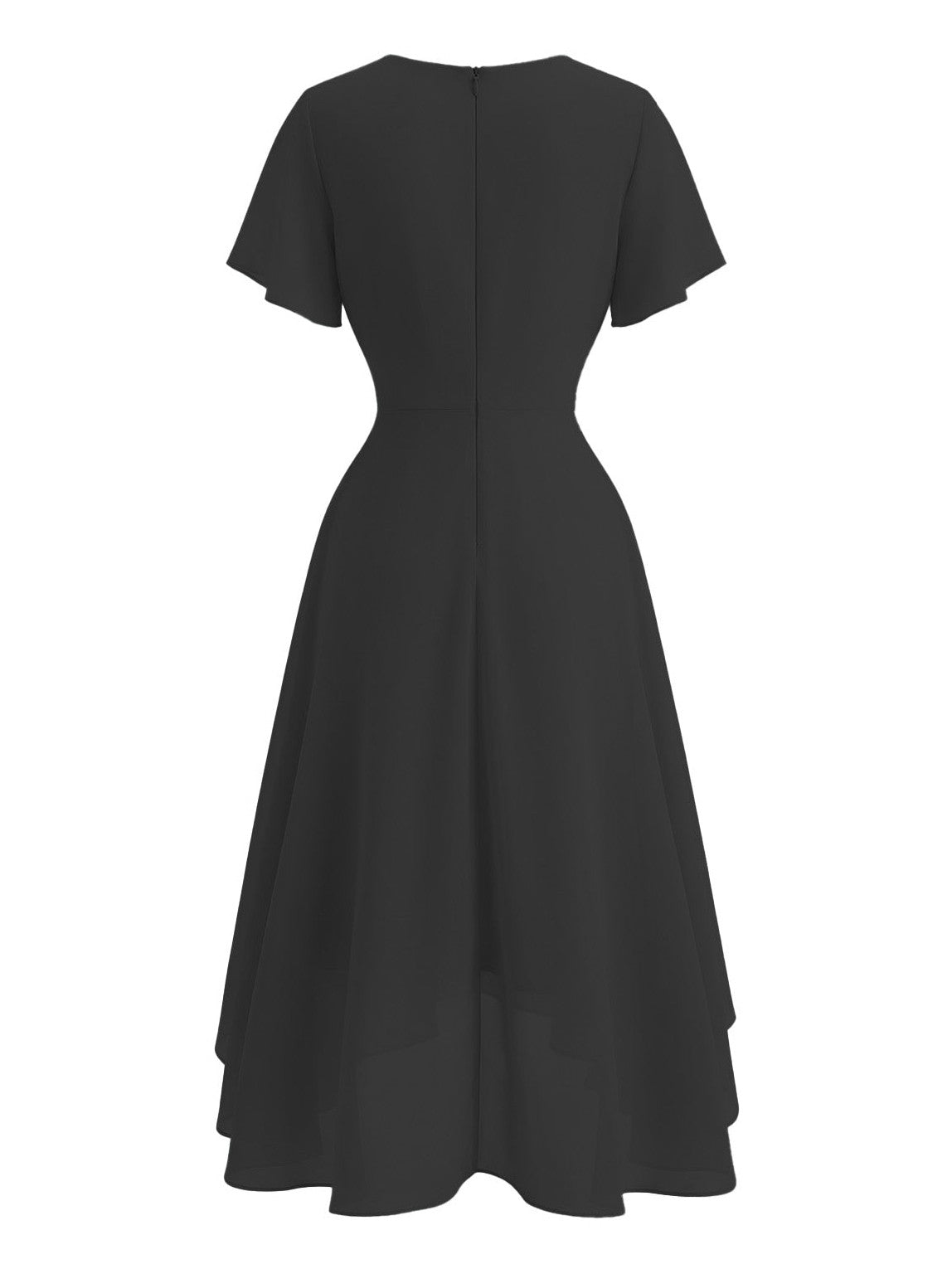 Dark Green 1950s Solid V-Neck Ruffle Sleeve Chiffon Asymmetrical Dress