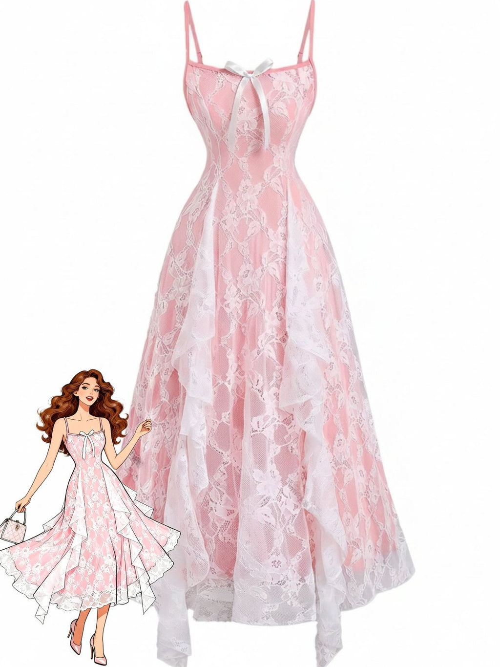 1950s Spaghetti Strap Floral Lace Ruffle Trim Bow Dress