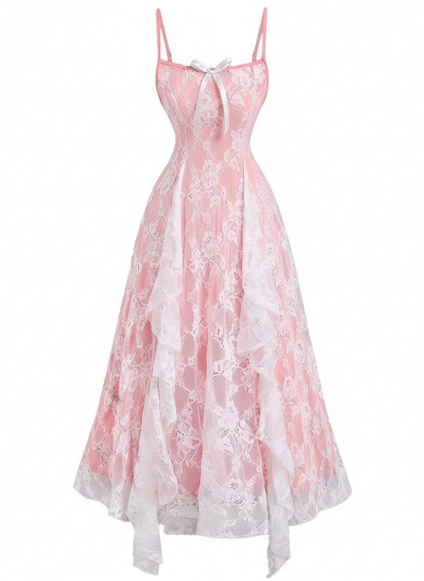 1950s Spaghetti Strap Floral Lace Ruffle Trim Bow Dress