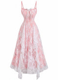 1950s Spaghetti Strap Floral Lace Ruffle Trim Bow Dress