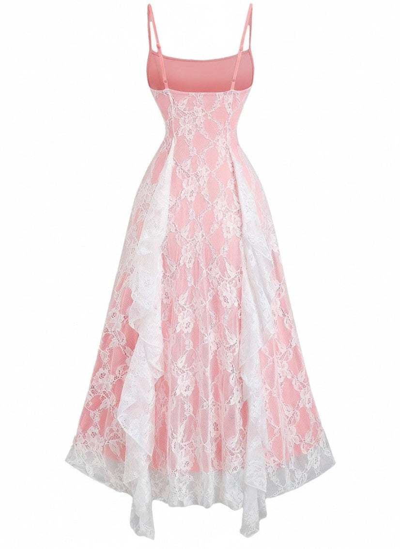 1950s Spaghetti Strap Floral Lace Ruffle Trim Bow Dress