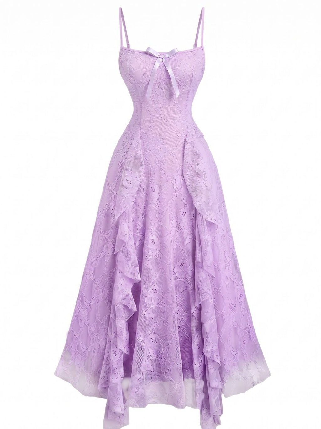 1950s Spaghetti Strap Floral Lace Ruffle Trim Bow Dress
