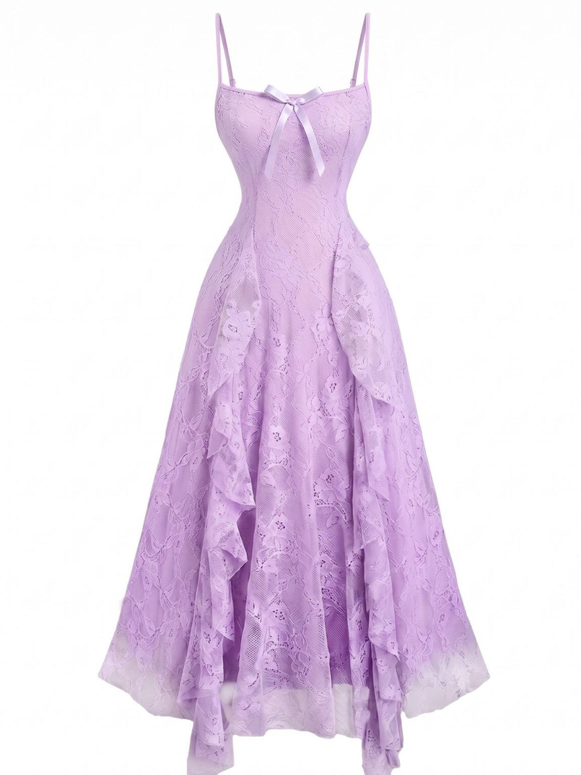 1950s Spaghetti Strap Floral Lace Ruffle Trim Bow Dress