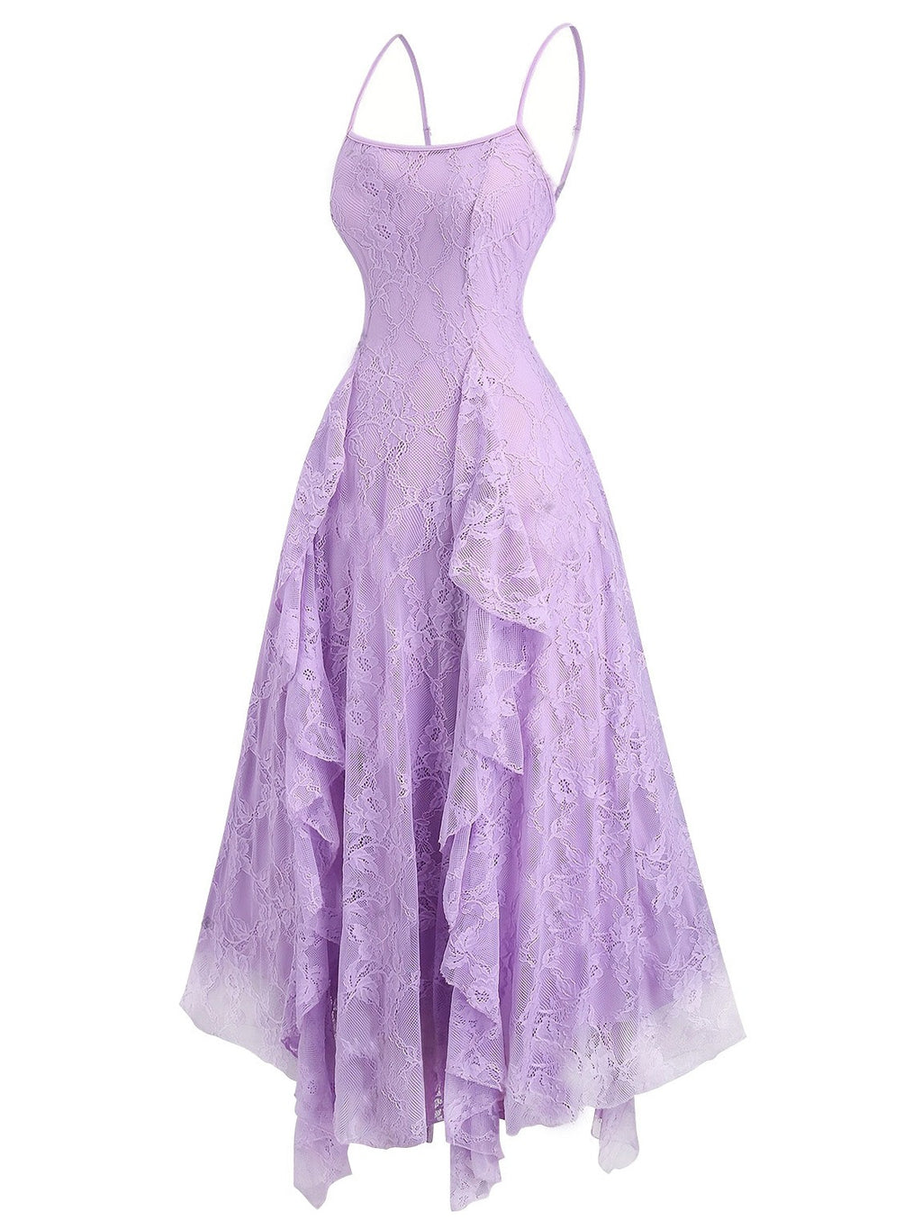 1950s Spaghetti Strap Floral Lace Ruffle Trim Bow Dress
