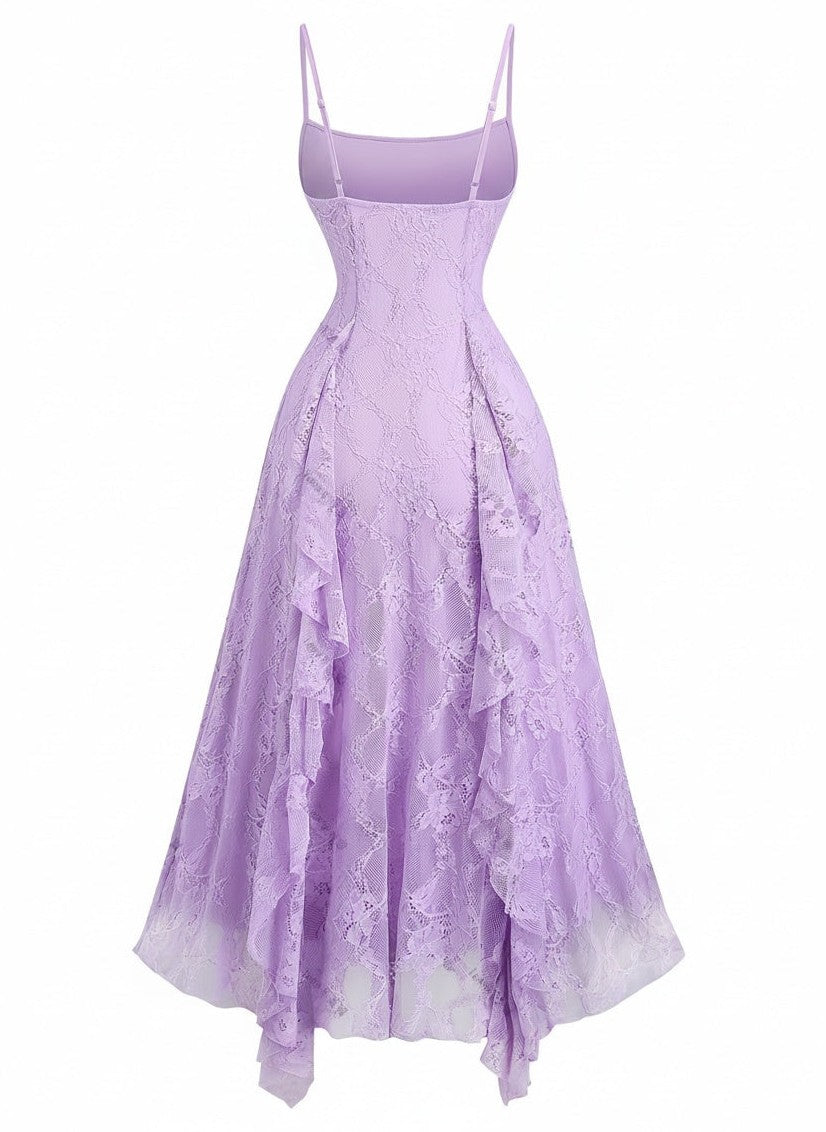 1950s Spaghetti Strap Floral Lace Ruffle Trim Bow Dress