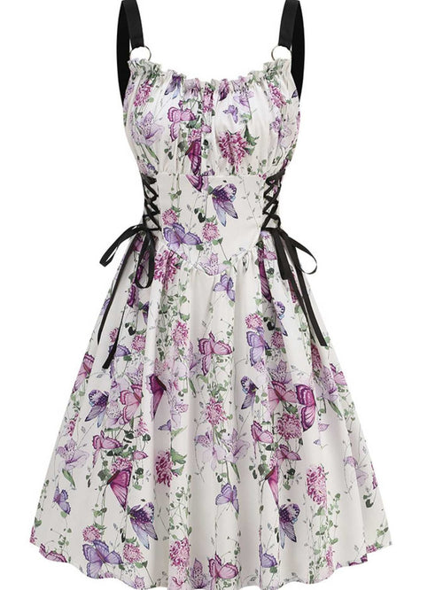1950s Strap Floral Butterflies Lace-Up Corset Dress