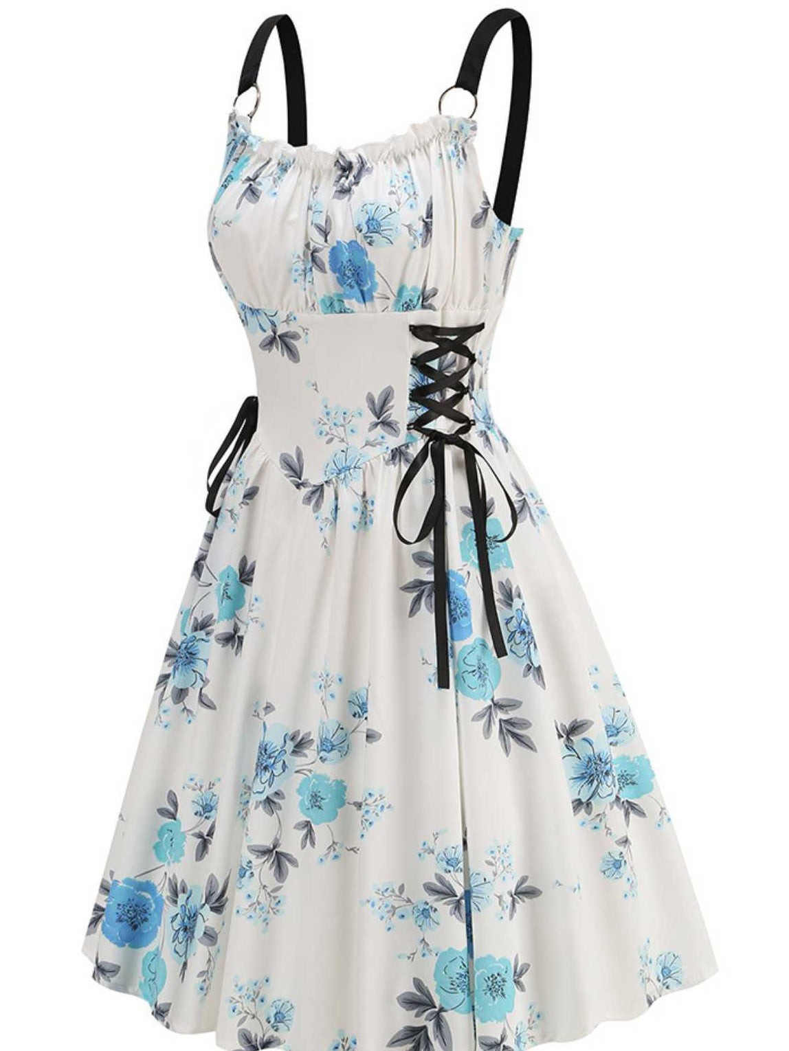 1950s Strap Floral Butterflies Lace-Up Corset Dress