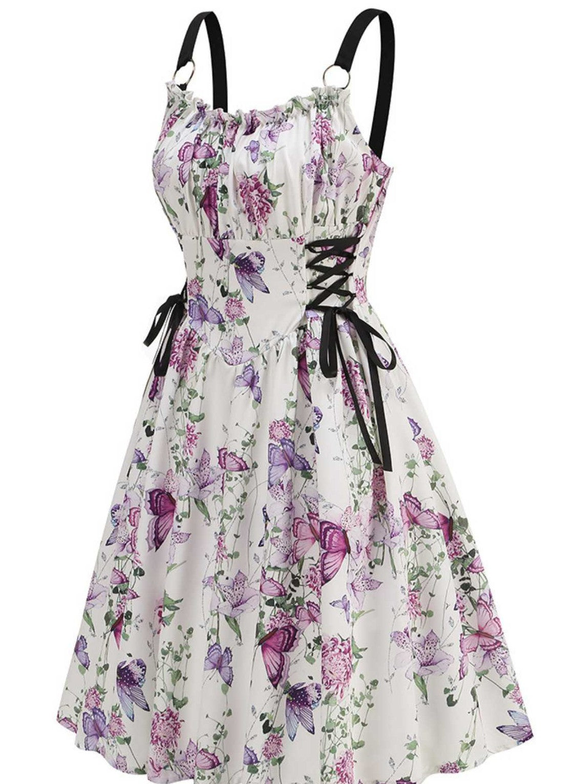 1950s Strap Floral Butterflies Lace-Up Corset Dress
