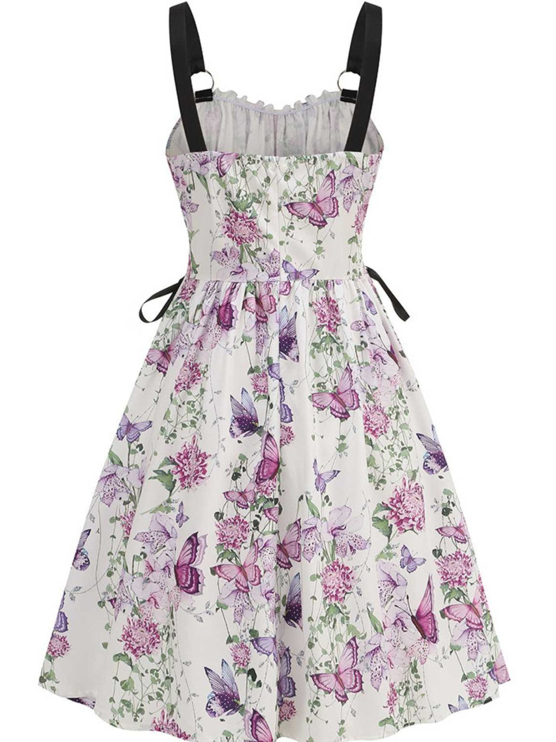 1950s Strap Floral Butterflies Lace-Up Corset Dress